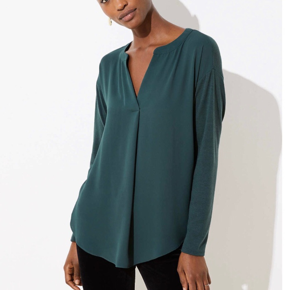 LOFT | Petite Mixed Media Split Neck Blouse *NWT*